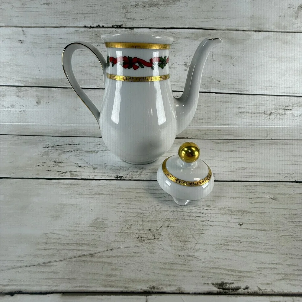 Mitterteich Bavaria‎ Christmas Coffee Pot White Porcelain Gold Trim Holly Ribbon